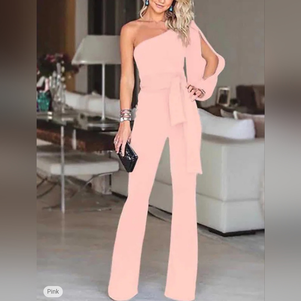 Pink elegant palazzo dress pants one shoulder jumpsuit